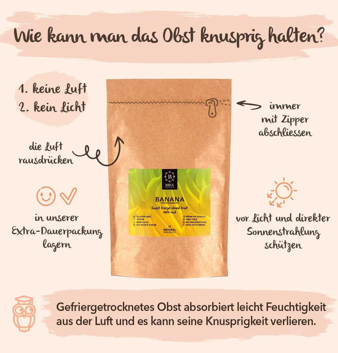 BRIX mrazem sušené banány | Přírodní banány sušené 140 g | Great Taste Award za sušené ovoce, sušené | Bez GMO, bez lepku, veganské, s konzervovanými vitamíny Naty Shop dehydratované produkty