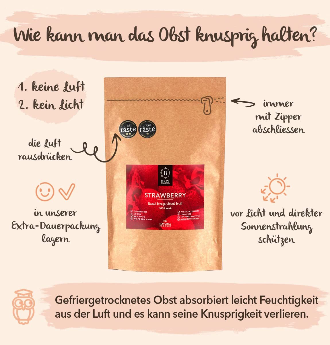 BRIX mrazem sušené jahody | Přírodní jahody 75 g | Cena Great Taste Award za sušené, mrazem sušené ovoce | Bez GMO, Bezlepkové, Veganské, Zadržené vitamíny Naty Shop Dehydratované produkty