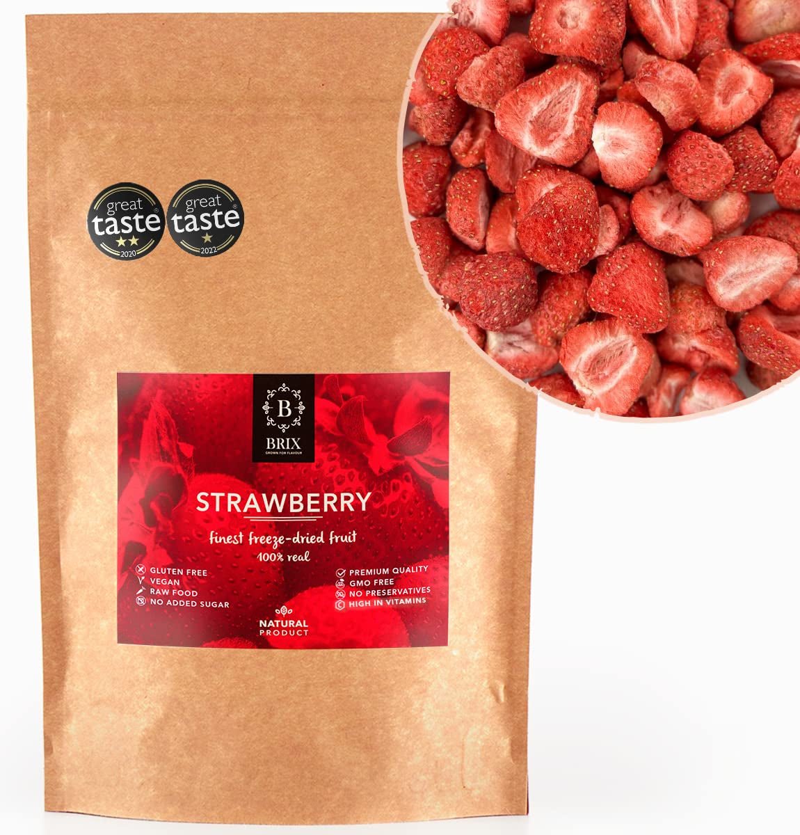 BRIX mrazem sušené jahody | Přírodní jahody 75 g | Cena Great Taste Award za sušené, mrazem sušené ovoce | Bez GMO, Bezlepkové, Veganské, Zadržené vitamíny Naty Shop Dehydratované produkty Výchozí název
