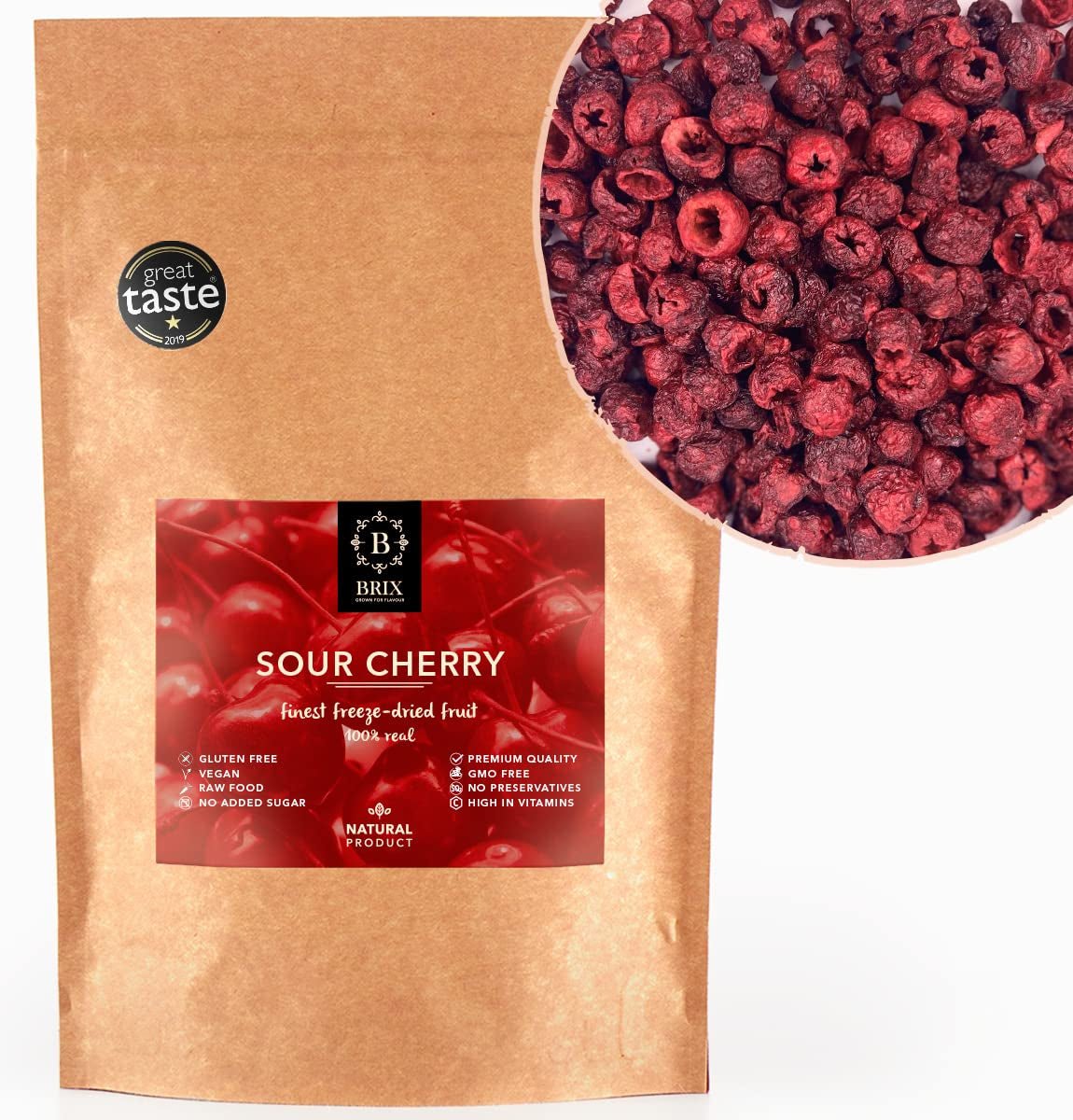 BRIX Mrazem sušené třešně | Přírodní sušené třešně 105g | Great Taste Award Sušené ovoce, Sušené hořké třešně | Bezlepkové veganské vitamíny bez GMO jsou zachovány Naty Shop Dehydrated Products Výchozí název