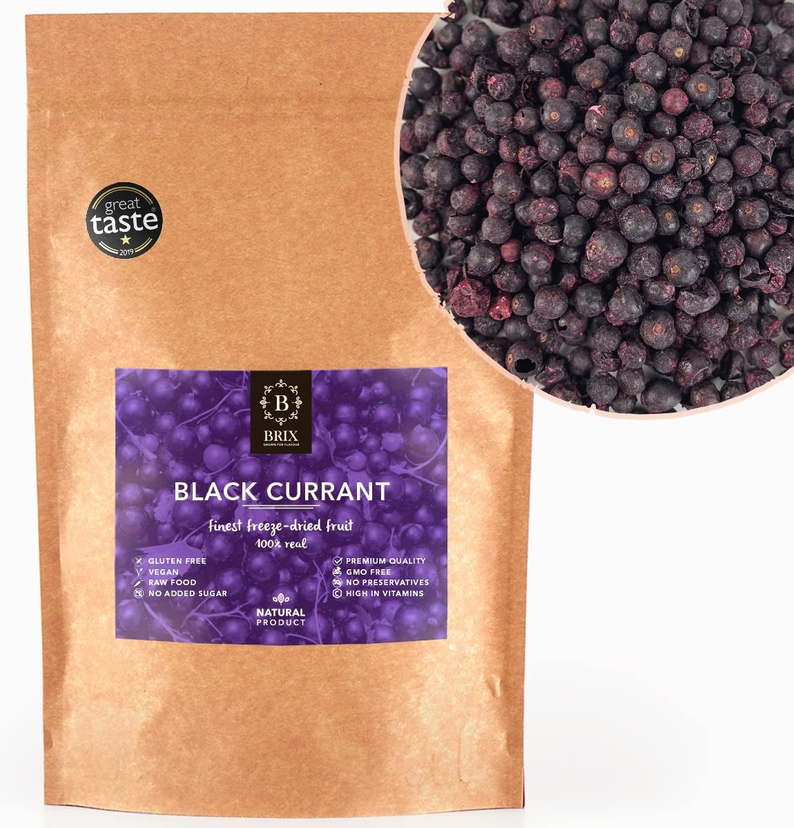 BRIX Sušený černý rybíz | Sušený černý rybíz 105 g | Great Taste Award, sušený černý rybíz | Bez GMO, Bezlepkové, Veganské, Zadržené vitamíny Naty Shop Dehydratované produkty Výchozí název