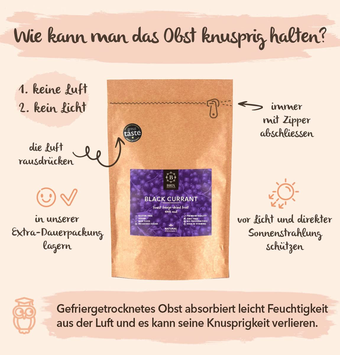 BRIX Sušený černý rybíz | Sušený černý rybíz 105 g | Great Taste Award, sušený černý rybíz | Bez GMO, Bezlepkové, Veganské, Zadržené vitamíny Naty Shop Dehydratované produkty