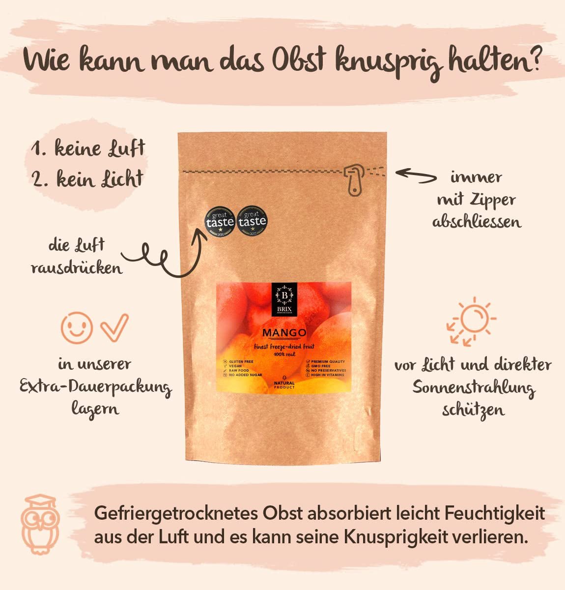 BRIX Lyofilizované mango | Přírodní, sušené plátky manga 95 g | Great Taste Award sušené ovoce, mrazem sušené mango | Bez GMO, Bezlepkové, Veganské, Zadržené vitamíny Naty Shop Dehydratované produkty