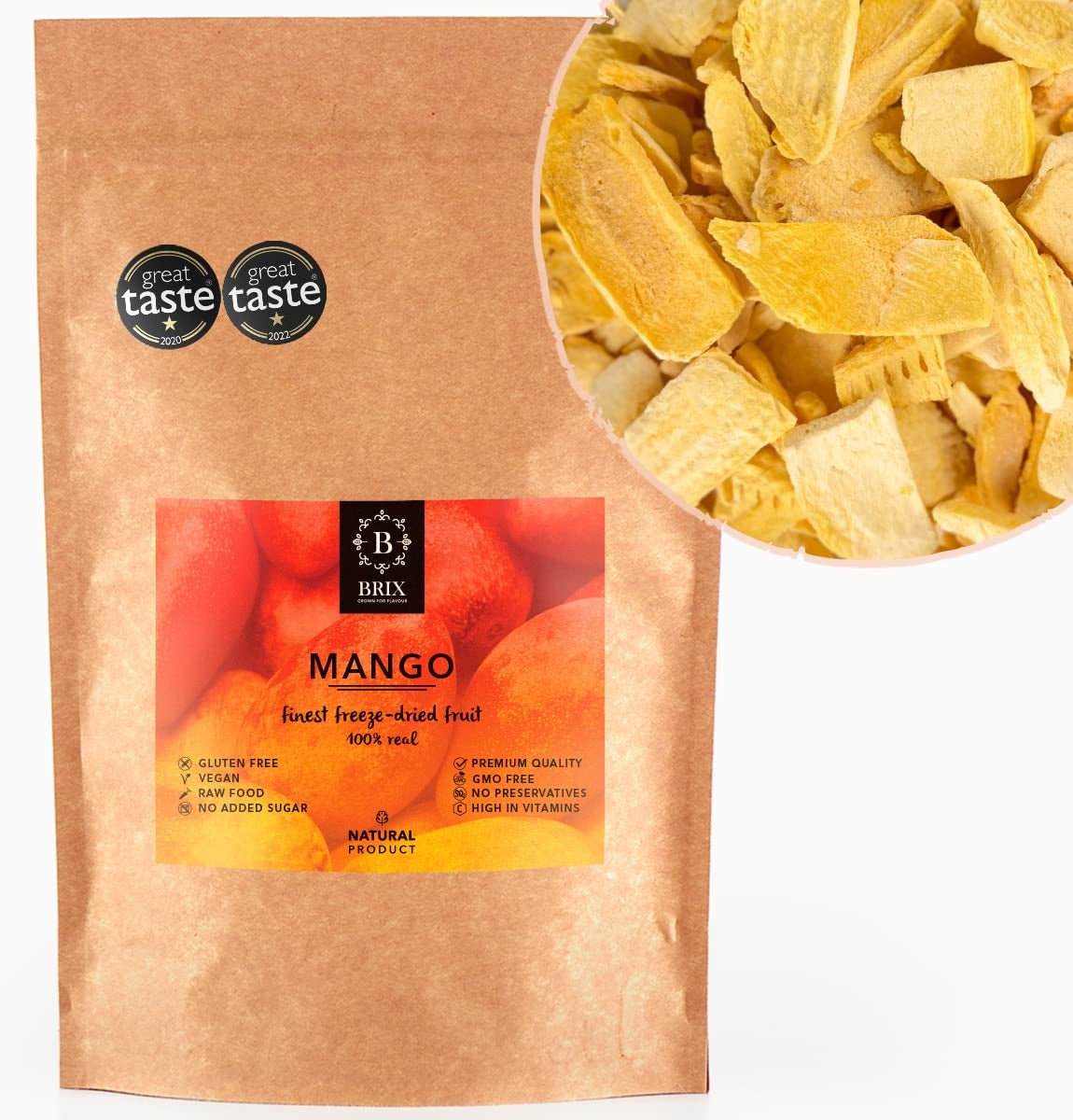 BRIX Lyofilizované mango | Přírodní, sušené plátky manga 95 g | Great Taste Award sušené ovoce, mrazem sušené mango | Bez GMO, Bezlepkové, Veganské, Zadržené vitamíny Naty Shop Dehydratované produkty Výchozí název