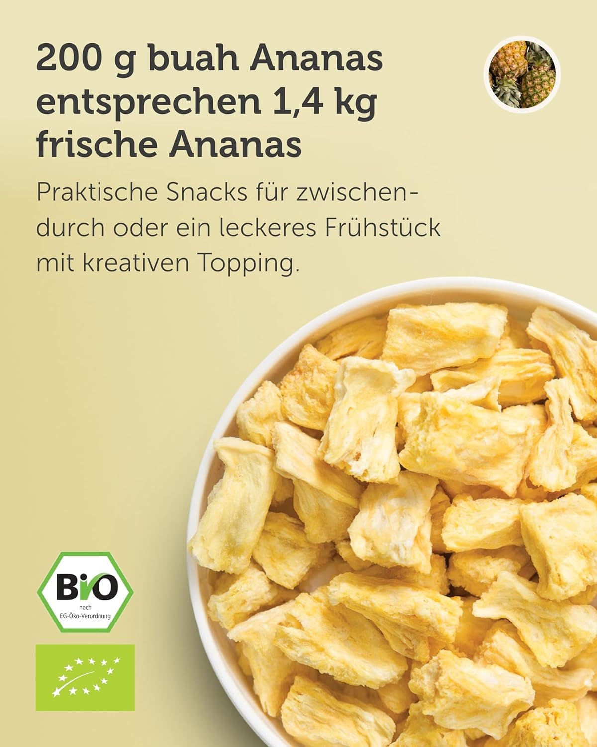 BUAH® Lyofilizovaný ananas | Ananasové chipsy jako svačina nebo do müsli a dezertů | Ideální náhrada sladkostí | Vegan a bez přidaného cukru | 100% mrazem sušené ovoce | 200 g dehydratovaných produktů Naty Shop