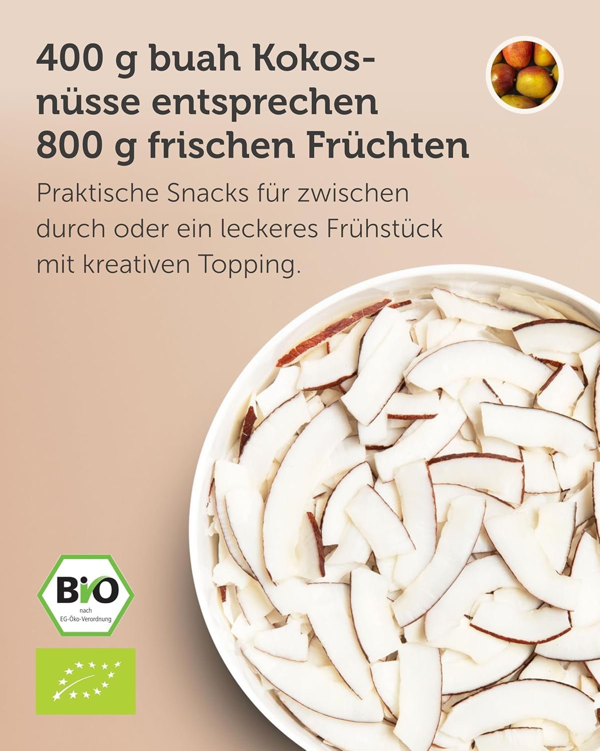 BUAH® Sušené kokosové chipsy | Bio kokosové lupínky, svačina, müsli a kokosové lupínky na pečení | Ideální náhrada za cukroví | Vegan a bez přidaného cukru | 400 g dehydratovaných produktů Naty Shop