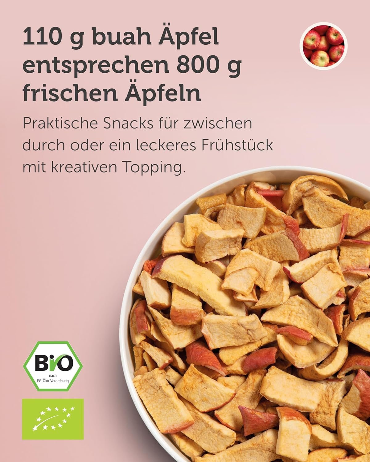 BUAH® Bio mrazem sušená jablka | Mrazem sušená bio jablka bez přidaného cukru | 100% mrazem sušené ovoce (veganské bezlepkové bez laktózy) | Ideální svačina (110g) Dehydrované produkty Naty Shop