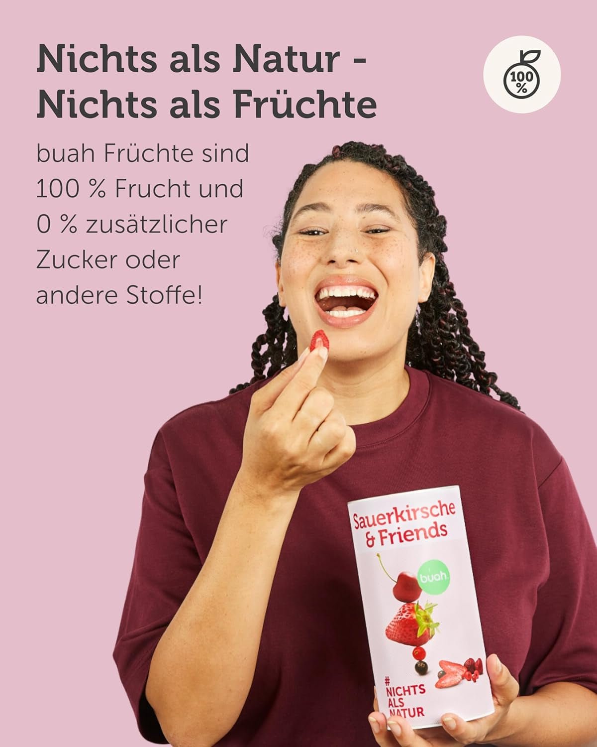 BUAH® Mrazem sušená ovocná směs | třešně, jahody, červený a černý rybíz lyofilizovaný bez přidaného cukru | 100% ovoce | veganské, bezlepkové, bezlaktózové (128g) dehydratované produkty Naty Shop