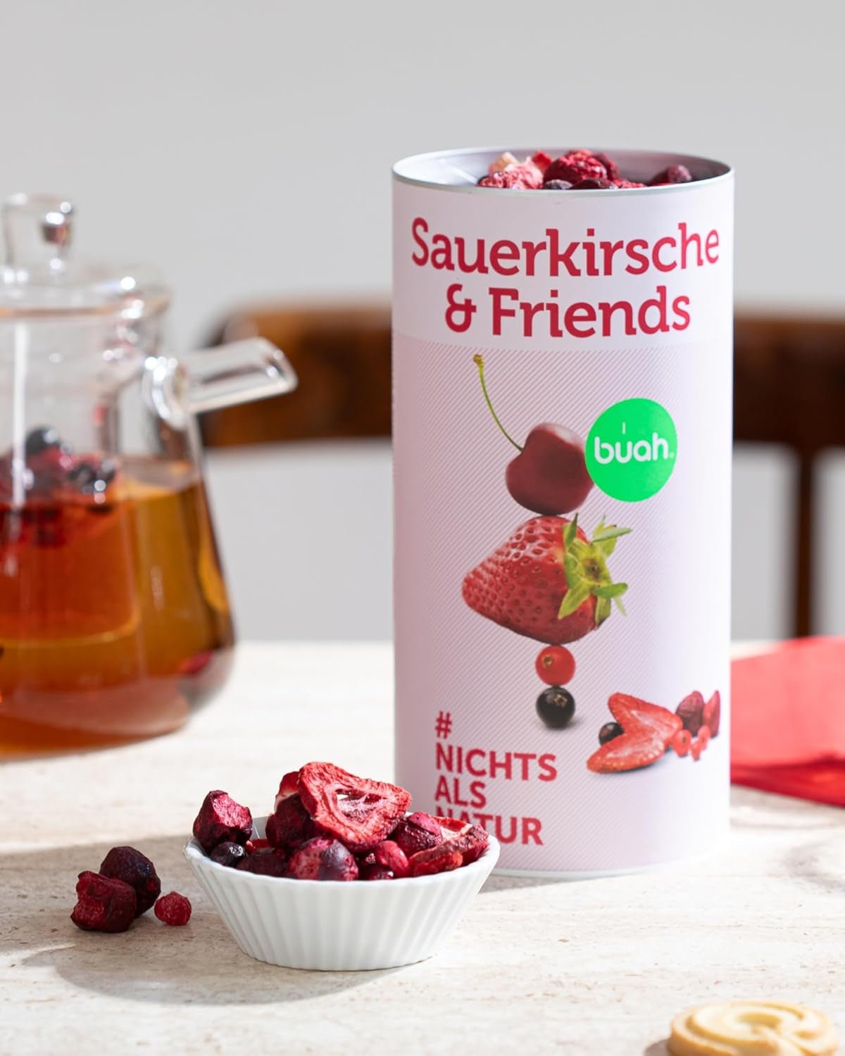 BUAH® Mrazem sušená ovocná směs | třešně, jahody, červený a černý rybíz lyofilizovaný bez přidaného cukru | 100% ovoce | veganské, bezlepkové, bezlaktózové (128g) dehydratované produkty Naty Shop