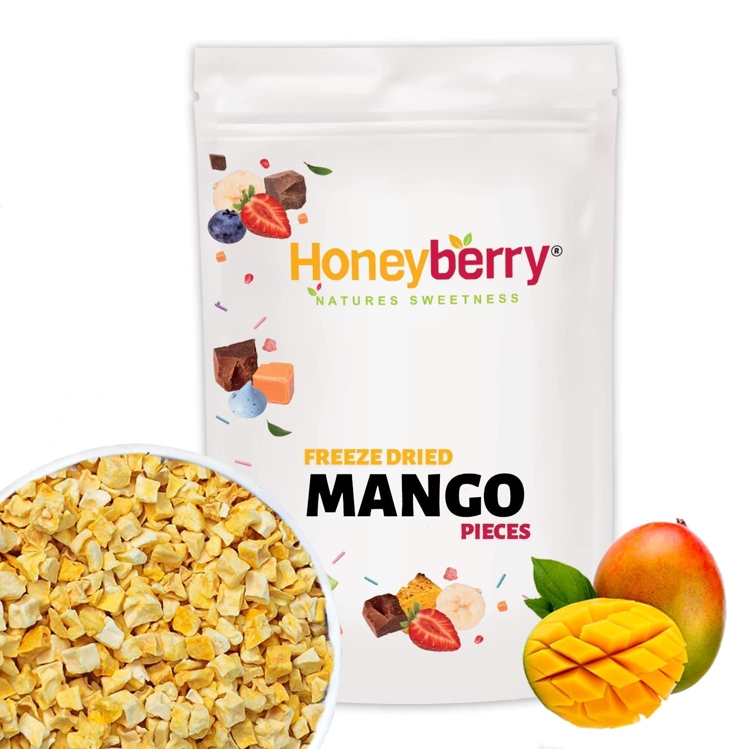 Lyofilizované kousky manga 100g - Lyofilizované ovoce - Lyofilizované sušené ovoce - Sušené mango - Perfektní pro svačiny, pečení, müsli, smoothie a dezerty Dehydrované produkty Naty Shop 100G