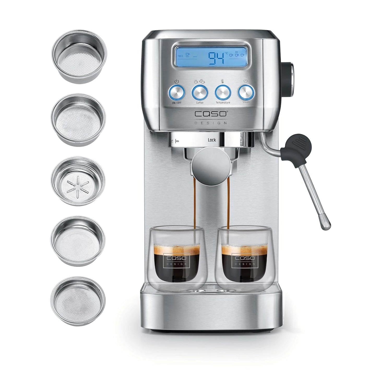 CASO EspressoGourmet Crema - espresso kávovar Portafilter s napěňovačem mléka, espresso, cappuccino, nerezový portafiltr, pumpa ULKA 20 bar, kávovar, mletá káva, kapsle ESE