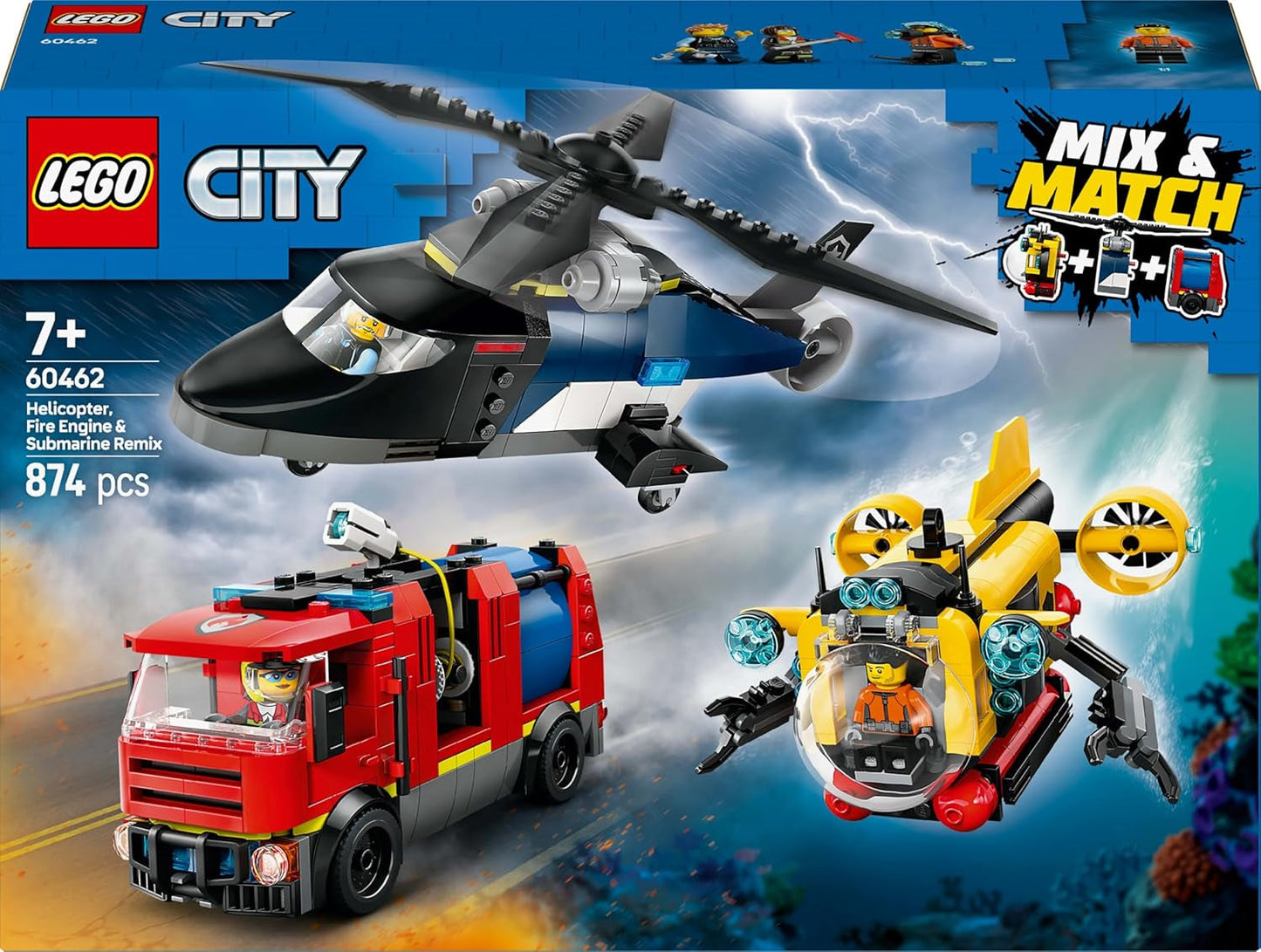 Kombinovaná sada LEGO City s helikoptérou, lvím autem a ponorkou a 3 minifigurkami - sestavitelná autíčka pro chlapce a dívky od 7 let - dárek k narozeninám a svátku 60462 Stavebnice Besuche den LEGO-Store