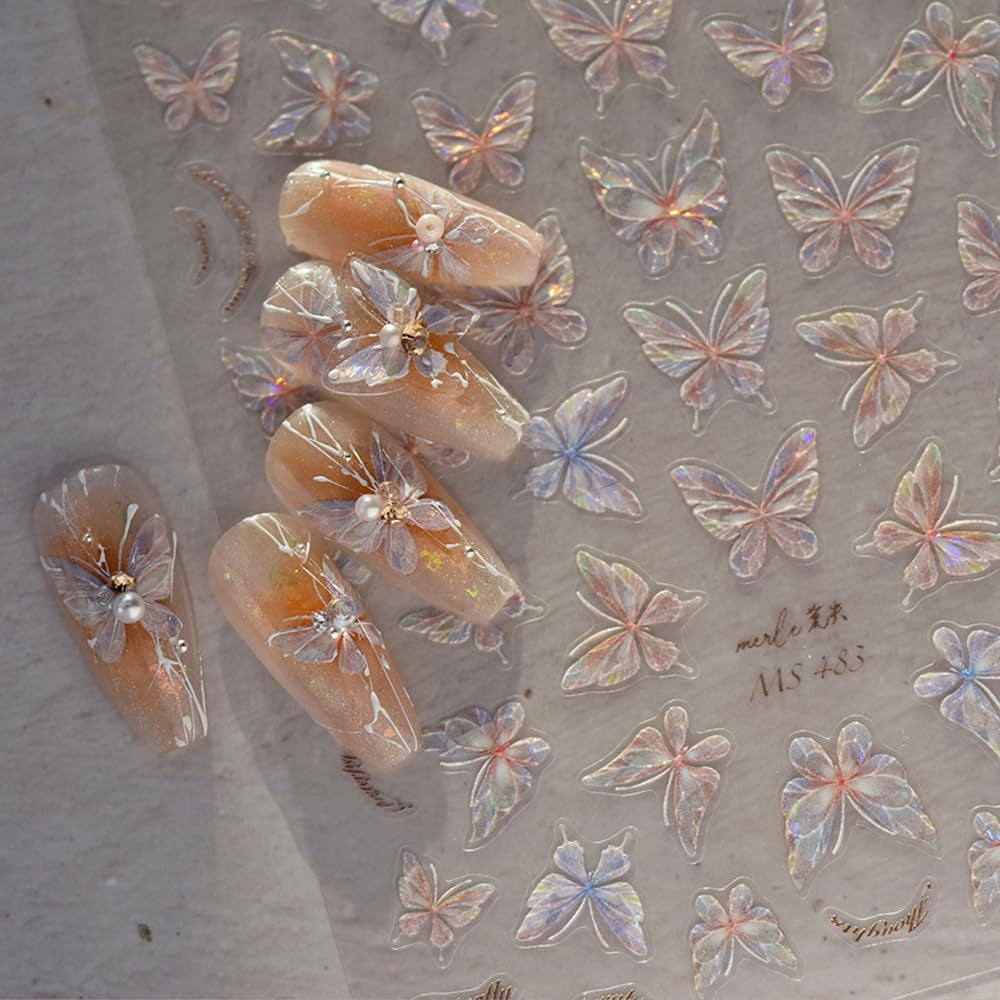 Glänzend Aurora Shell Schmetterling Nálepka na nehty Selbstklebend,Erleichterung Schmetterlinge Nálepka na nehty Rosa Laser Schmetterling Nagelaufkleber Für Frauen Nageldesign Zubehör Nagel Zubehör Nail Art