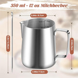 Hrnek na mléko, 350 ml Hrnek na mléko z nerezové oceli s odměrkou, příslušenství pro baristy, Hrnek na mléko na Cappuccino, Espresso, Latte Art, Milovníci kávy, Stříbro, 355 ml