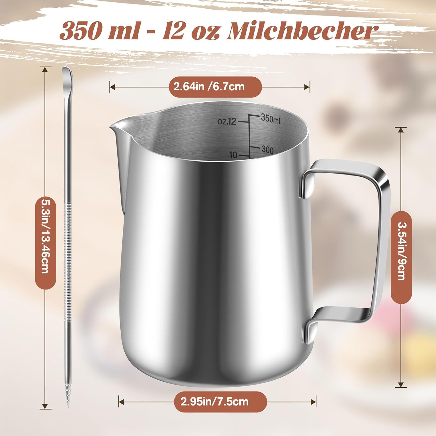Hrnek na mléko, 350 ml Hrnek na mléko z nerezové oceli s odměrkou, příslušenství pro baristy, Hrnek na mléko na Cappuccino, Espresso, Latte Art, Milovníci kávy, Stříbro, 355 ml