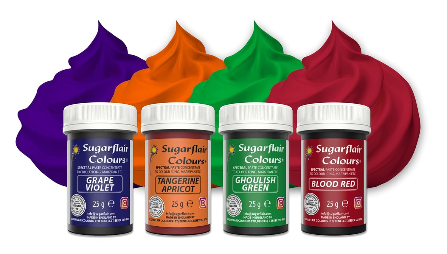 Sugarflair Pasta Food Coloring Set/4 potravinářské barvy na těstoviny, fondán, marcipán, cukrovou pastu, máslový krém a další: Macabre Green, Grape Purple, Blood Red
