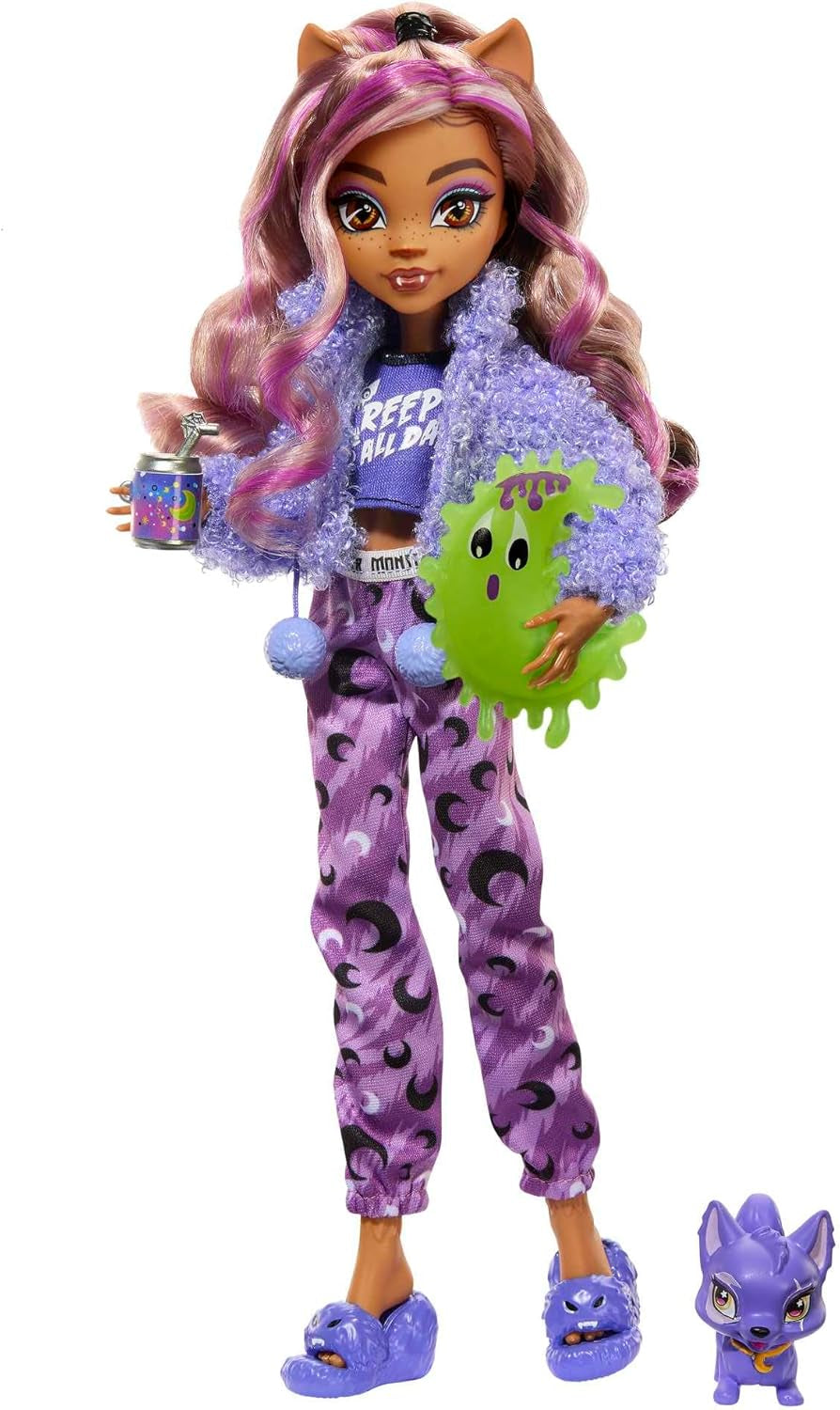 Panenka MONSTER HIGH a doplňky na spaní, panenka Clawdeen Wolf s kočkou, Creepover Party, HKY67