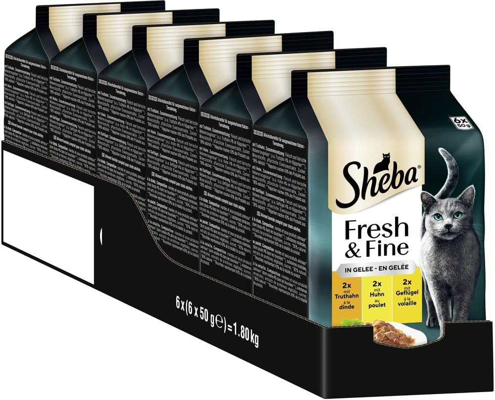 Sheba Portion Sáčky Mokré krmivo pro kočky, čerstvé a jemné Krůtí a kuřecí želé více balení, 6x6x50g - Vysoce kvalitní Krůtí a kuřecí želé pro kočky