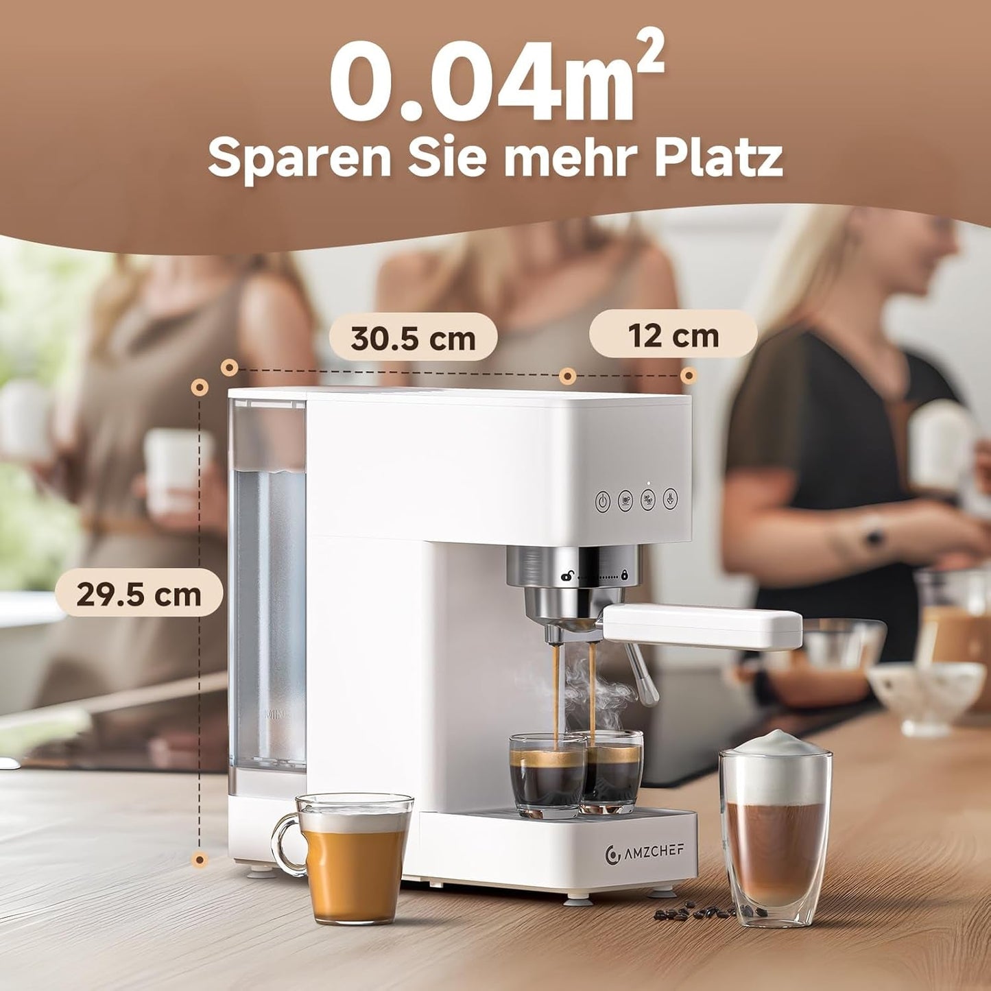 Espresso kávovar AMZCHEF 20 bar, LED displej, profesionální napěňovač mléka a parní tryska z nerezové oceli, 1,5 l vyjímatelná nádrž, 1350 W rychlý ohřev, bílá