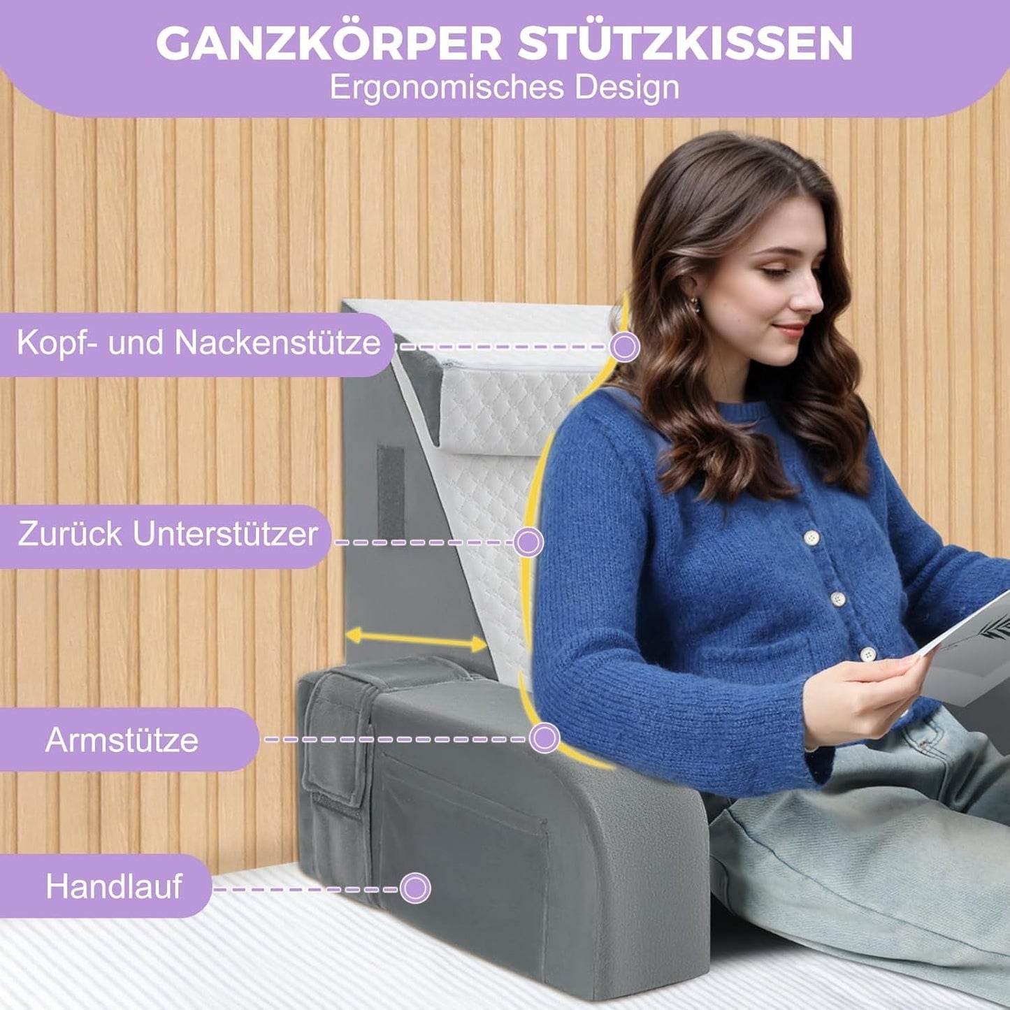 Velký polštář na čtení s madlem, pěna s vysokou hustotou, ergonomický polštář na záda, područky, opěrka krku a hlavy, sklápěcí podsedák na spaní, hraní, sledování televize, na postel a pohovku