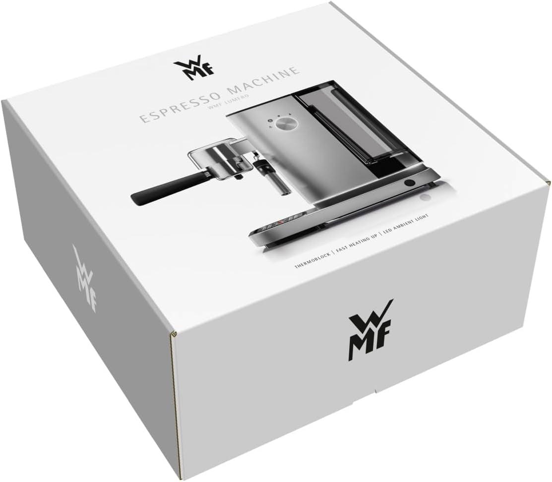 Kávovar WMF Lumero, portafiltr, 1400 wattů, portafilter, 3 vložky, pro 1-2 šálky na espresso, včetně kapslí, 15 bar, držák šálků, napěňovač mléka, matná nerezová ocel