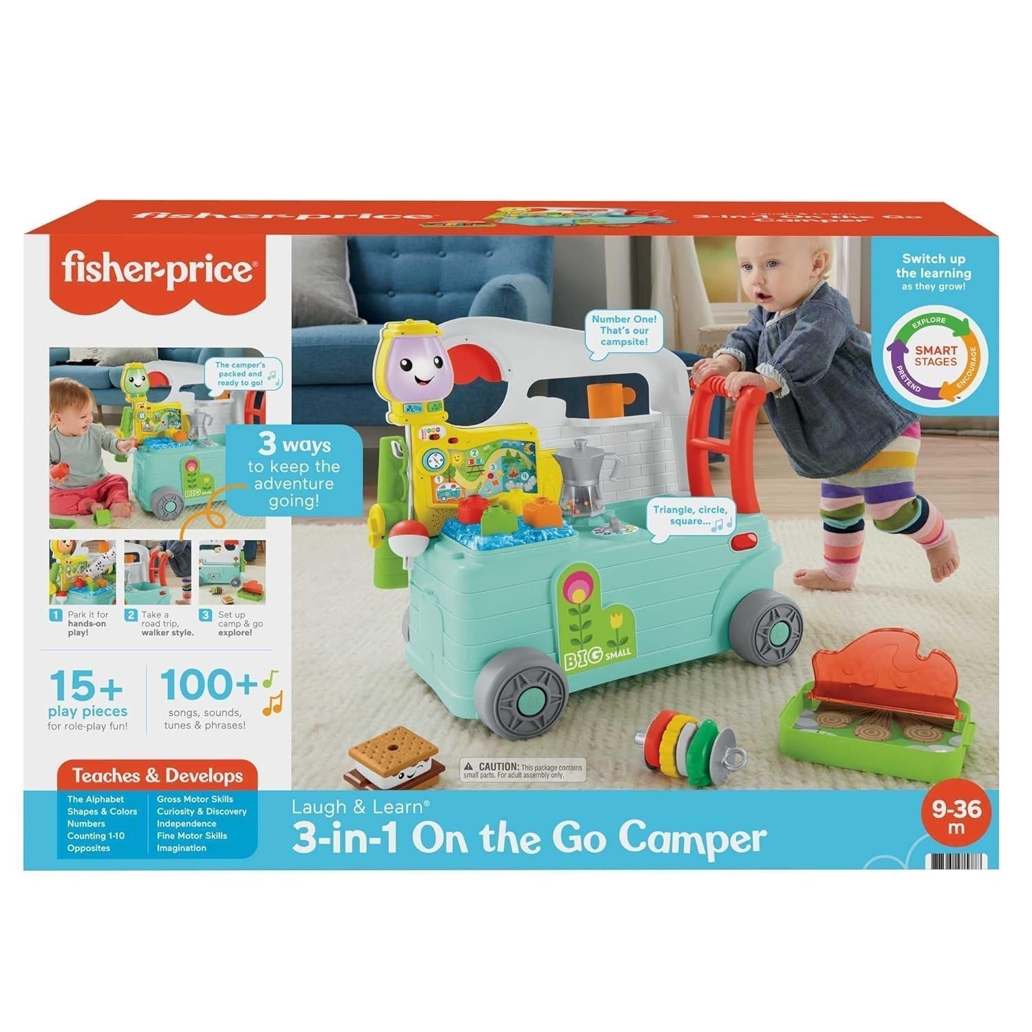Fisher-Price - Smějte se a učte se Camper 3 v 1 dětská tlačná hračka a centrum hudebních aktivit Hračka pro miminka 9-36 měsíců HCK51 Hračky pro miminka Naty Shop