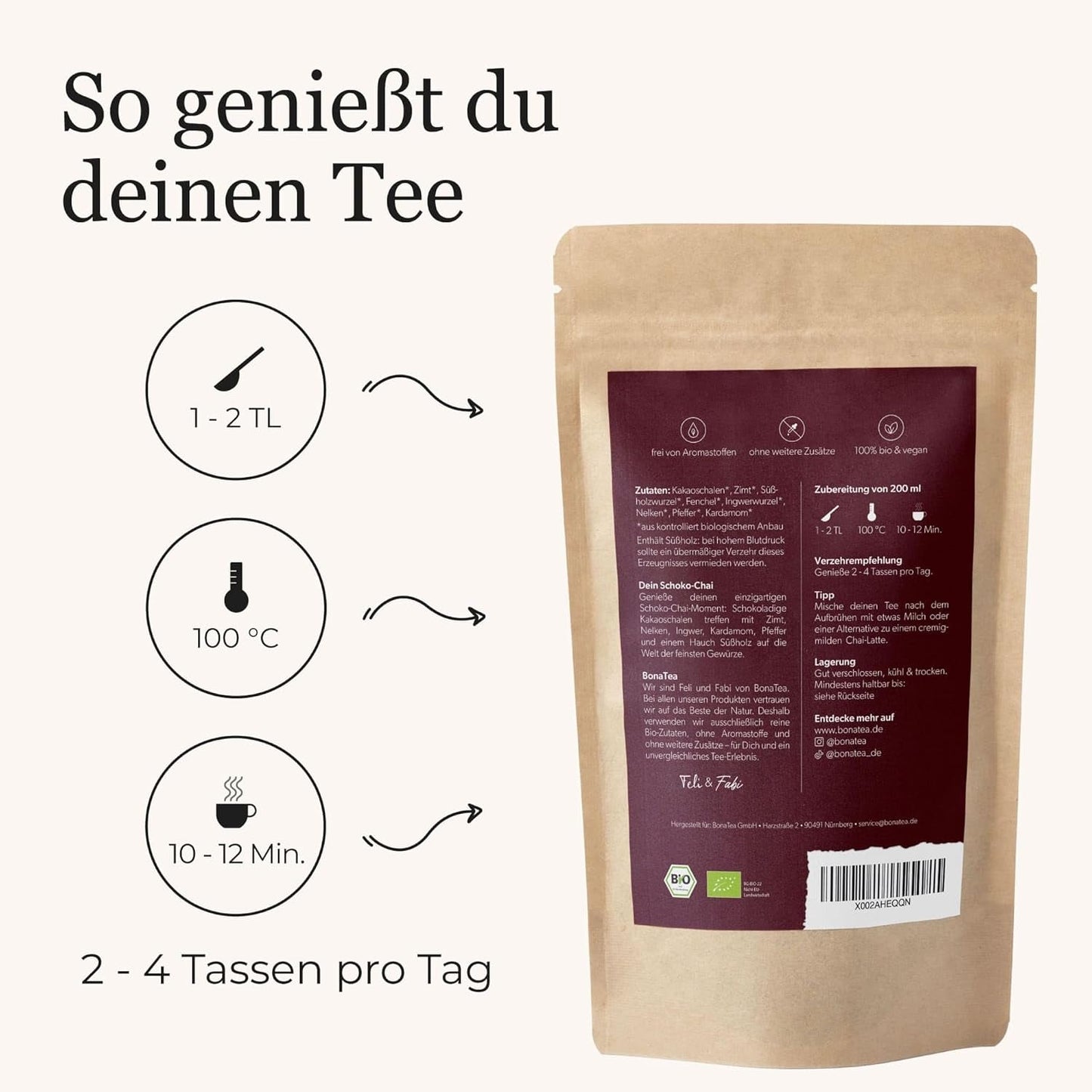 BIO Schoko Chai kořeněný čaj bez cukru, s kakaovými lusky, skořicí, lékořicí a dalším aromatickým Chai kořením, 100 g