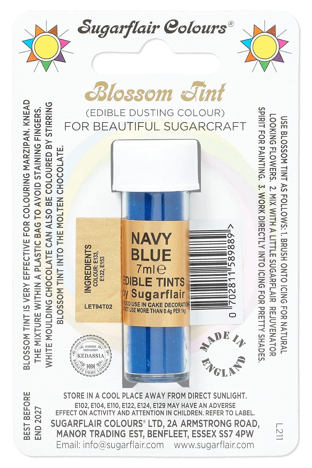 Potravinářské barvivo v prášku Sugarflair Blossom Tint Dusting, tmavě modrá - Potravinářské barvivo v prášku na zdobení barevné cukrové pasty, fondánu, polevy, čokolády, máslového krému, makronek - 7 ml