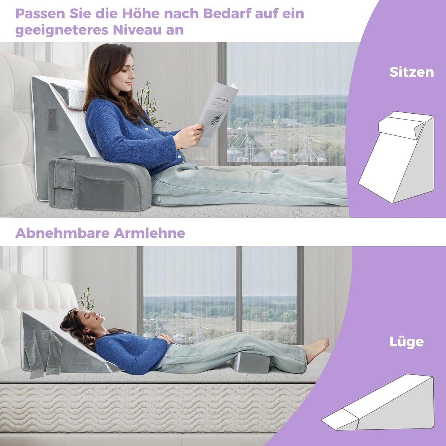 Velký polštář na čtení s madlem, pěna s vysokou hustotou, ergonomický polštář na záda, područky, opěrka krku a hlavy, sklápěcí podsedák na spaní, hraní, sledování televize, na postel a pohovku