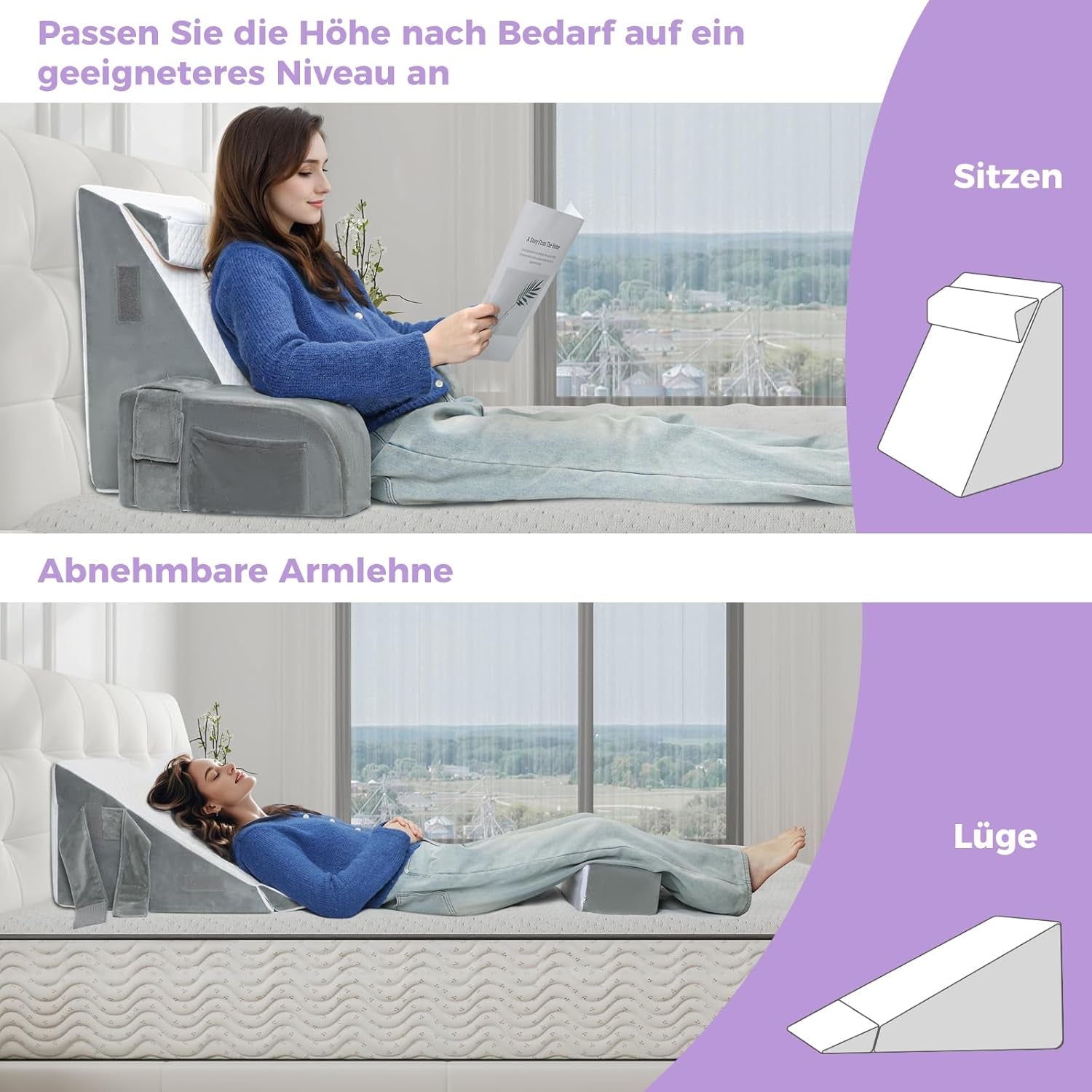 Velký polštář na čtení s madlem, pěna s vysokou hustotou, ergonomický polštář na záda, područky, opěrka krku a hlavy, sklápěcí podsedák na spaní, hraní, sledování televize, na postel a pohovku