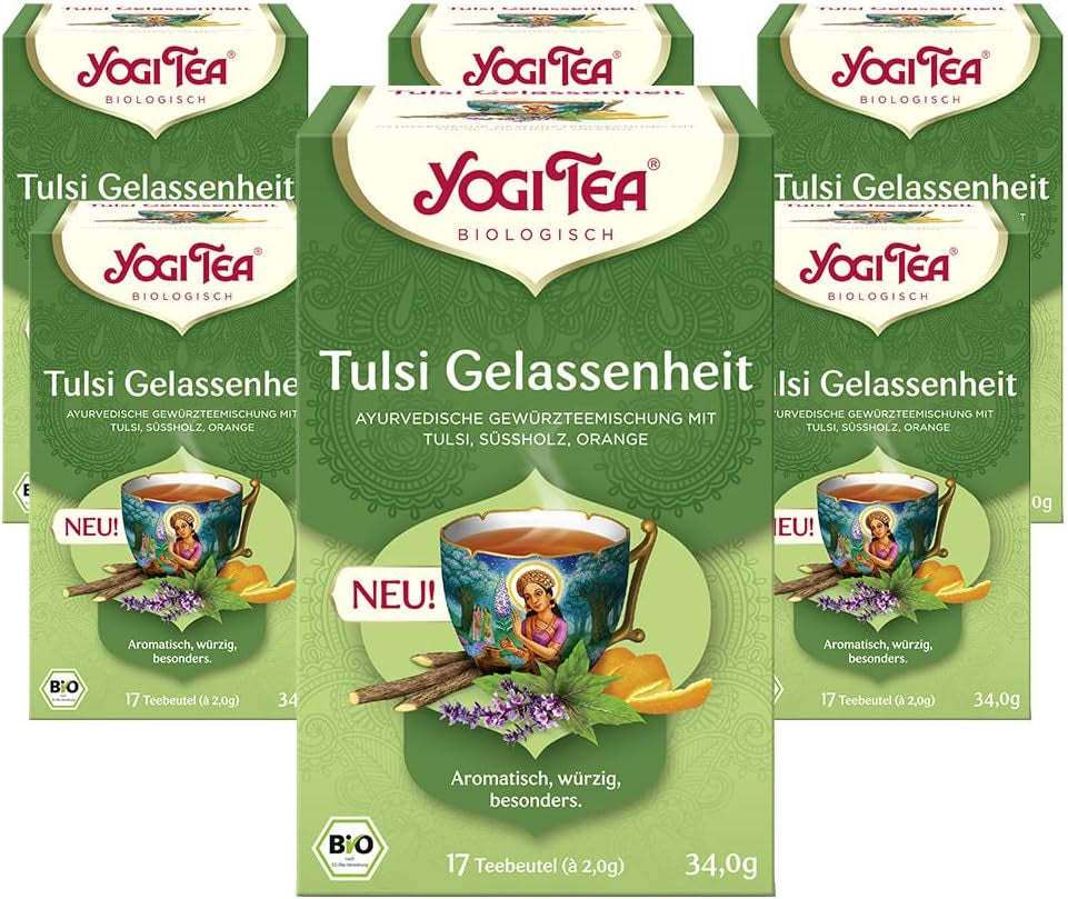 Yogi čaj – Tulsi Serenity, ájurvédský bylinný čaj, bez kofeinu, směs Tulsi – bazalka posvátná, lékořice a pomeranč, Yogi čaj, 6 balení, 6 x 17 čajových sáčků (102 čajových sáčků)