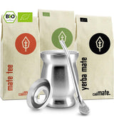 Čajová sada Mate Bio ● 3 sortimenty Mate + Dvoustěnný hrnek Mate z nerezové oceli + Bombilla + Návod na vaření (černý)