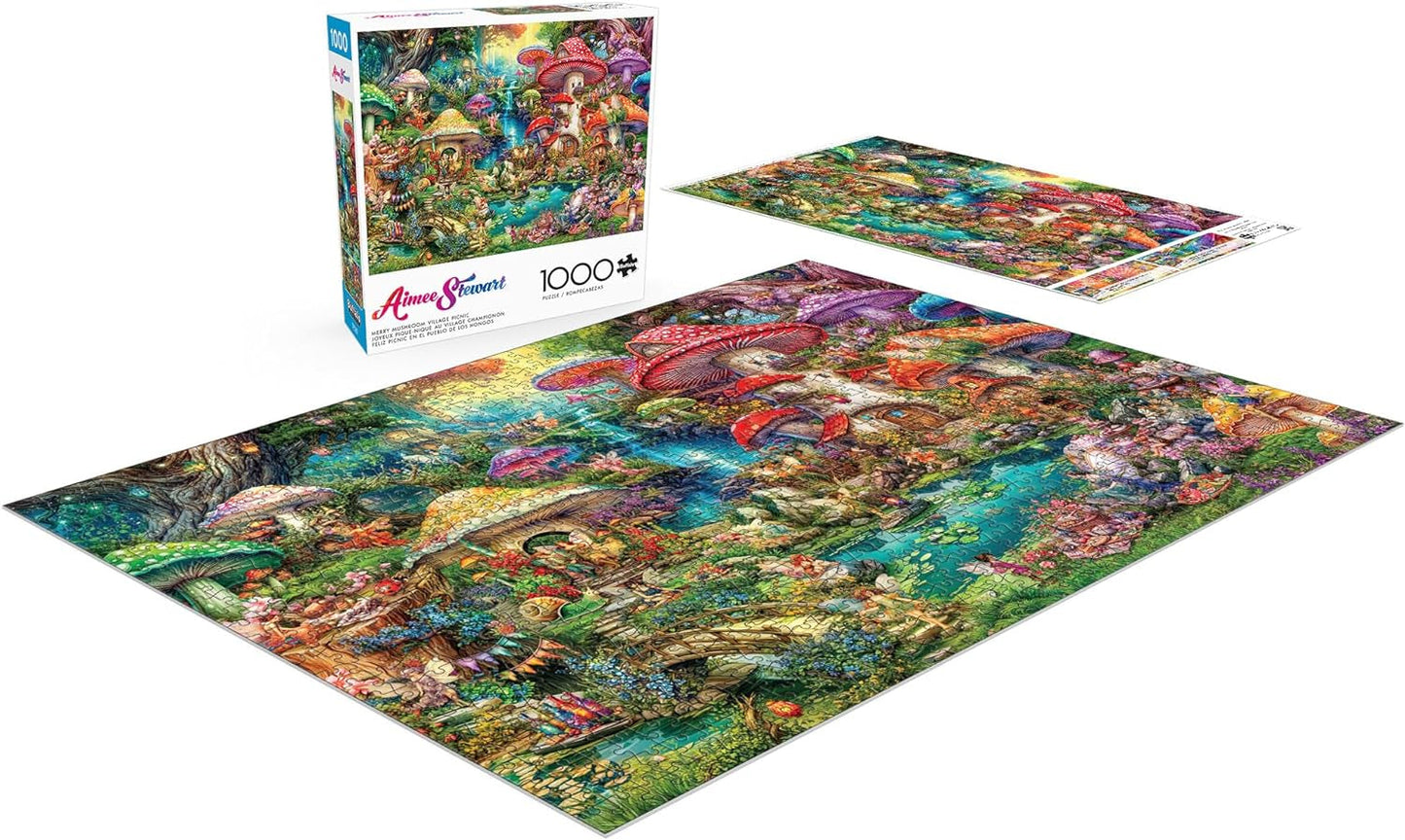 Buffalo Games - Aimee Stewart - Piknik Merry Mushroom Village - 1000dílné puzzle pro dospělé, náročné puzzle, ideální pro herní večery - Připravená velikost 26,75 x 19,75 cm Puzzle Naty Shop