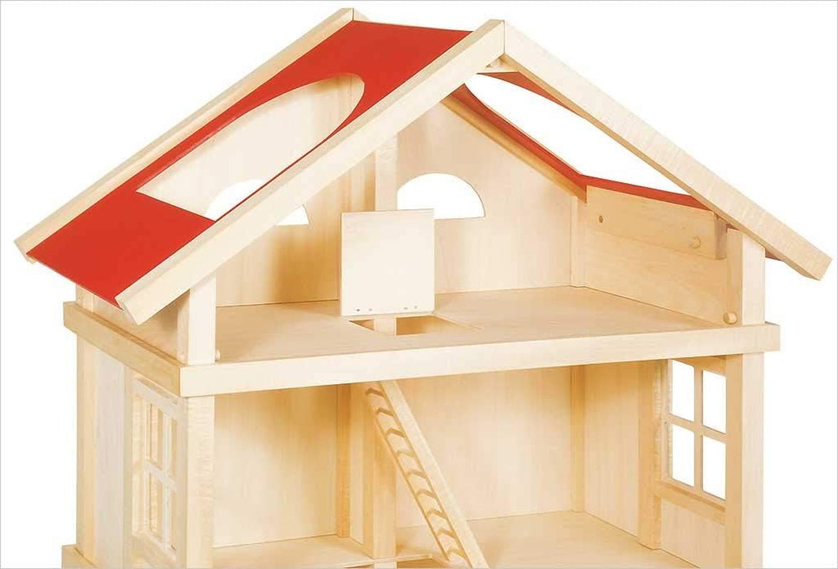 51957 Dřevěný domeček pro panenky, 65 x 35 x 87,5 cm – velký dřevěný domeček pro panenky, 3 patra, otevřený design, červená střecha, schody a balkón pro kreativní hraní rolí, svět domečku pro panenky