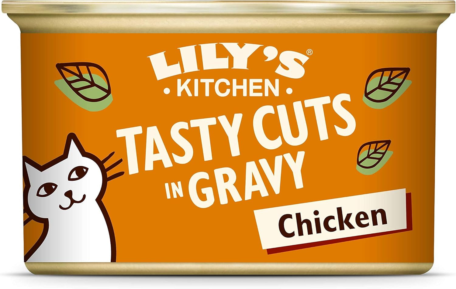 Přírodní mokré krmivo Lily's Kitchen pro dospělé kočky, konzervované, chutné kousky v kuřecí omáčce, receptura bez obilovin (24 táců x 85 g)