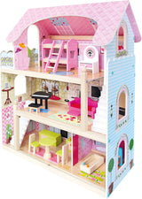 Bino World of Toys Domeček pro panenky s balkonem, Hračka pro batolata od 3 let, se 3 patry, schodištěm, 4 pokoji a balkonem vč. 15-TLG. Doplňky, Pro podporu dětských dovedností, Růžový design domečků pro panenky Naty Shop