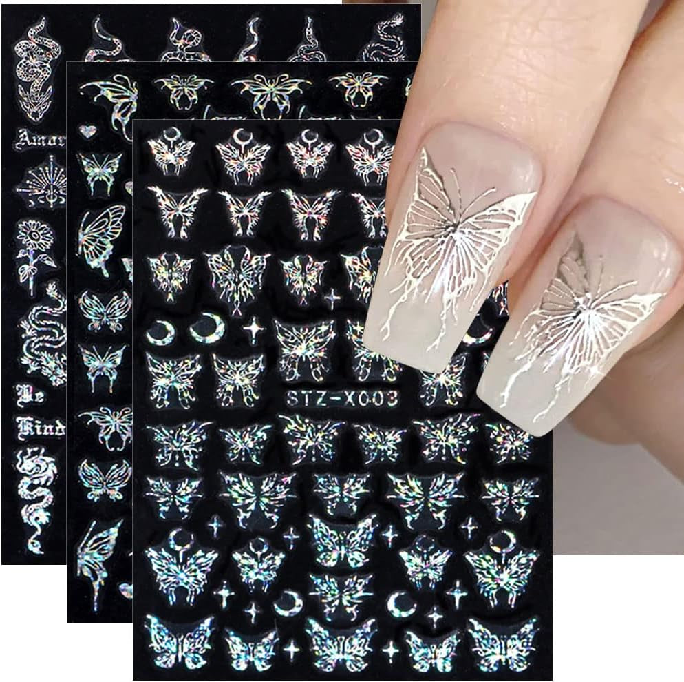 6 Blatt Schmetterling Samolepka na nehty Selbstklebend Laser Stříbrná Schmetterlings Nagelaufkleber 3D Aurora Stříbrná Schwarz Schmetterlinge Samolepky na nehty Frühling Nageldesign Samolepka na nehty Nail Art Zubehör