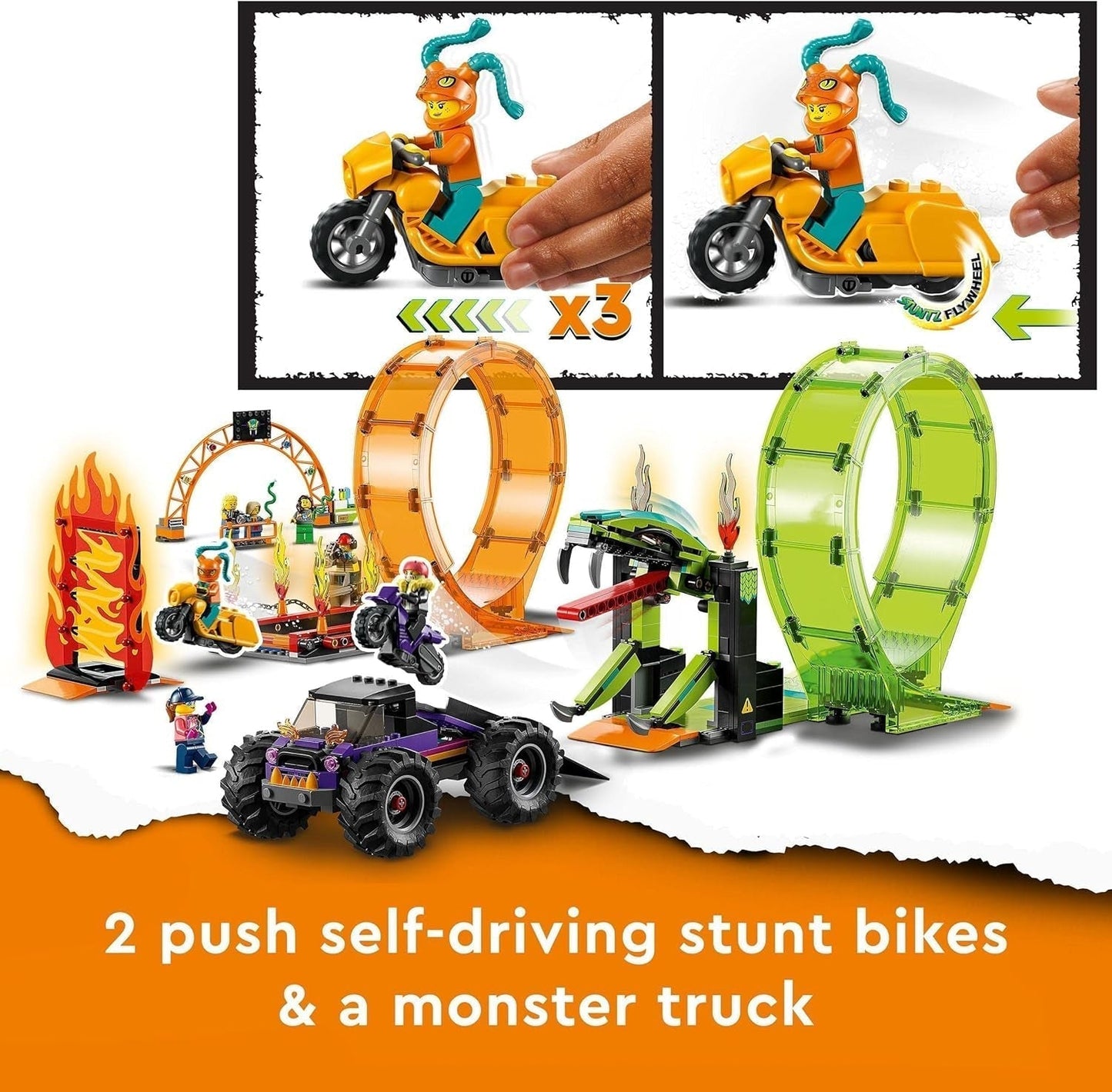 LEGO 60339 City Stuntz Stuntz Show Double Looping Set, vč. rampa, monster truck, 2X motocykl a 7 minifigurek, hračka pro děti od 7 let Stavebnice Besuche den LEGO-Store