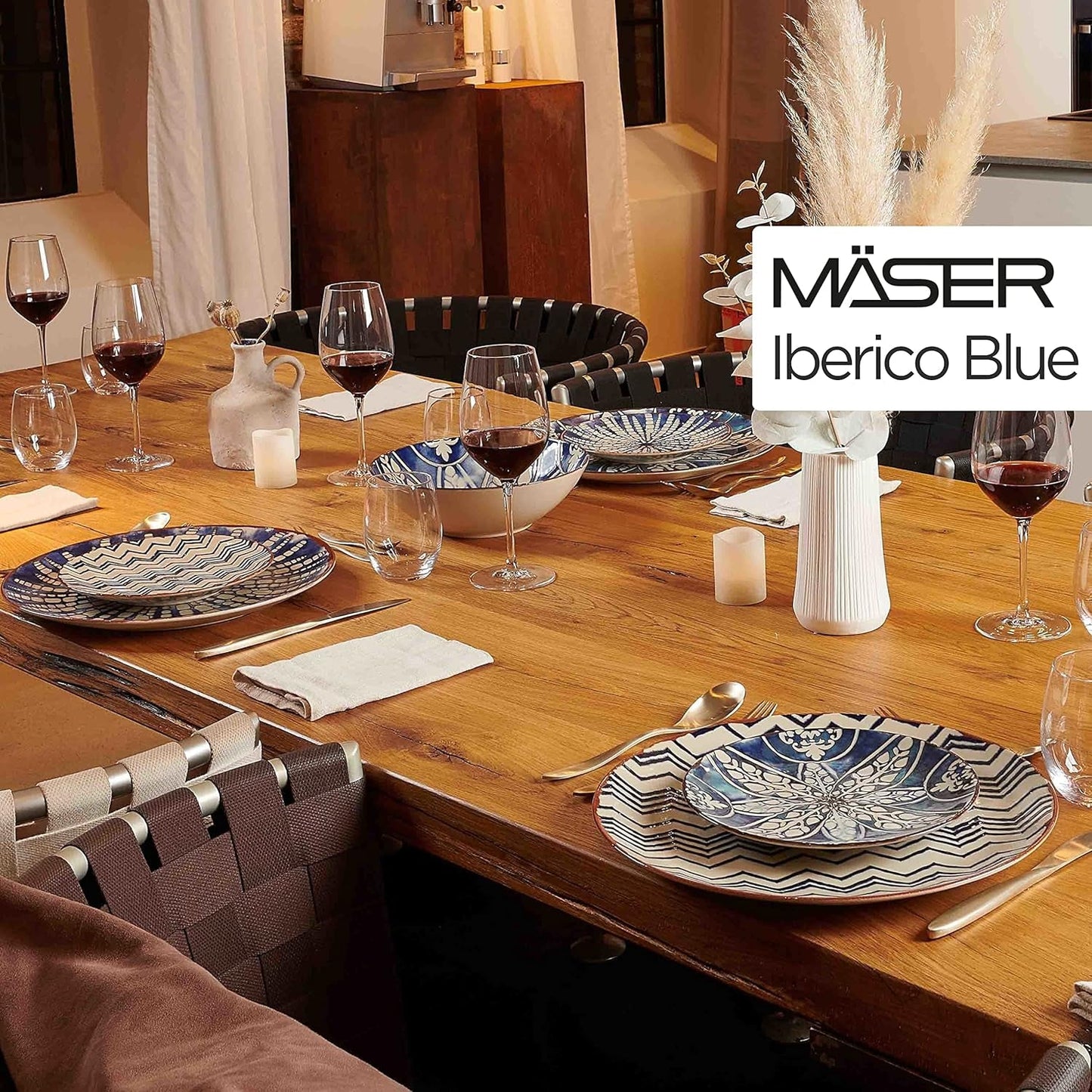MÄSER 934017 Iberico Blue Jídelní set pro 4 osoby, 12dílný, maurský styl, různé vintage vzory v bílé a modré, keramika