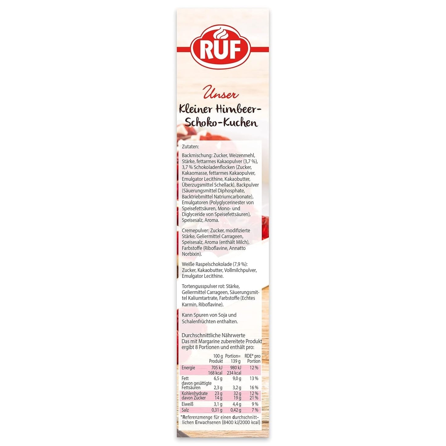 RUF Kleiner Himbeer-Schokokuchen, Mini-Kuchen Mit Feiner Puddingcreme, Himbeeren Und Weißen Schokoraspeln, Inkl. Backform, 1X252G Směs na pečení a vaření Naty Shop