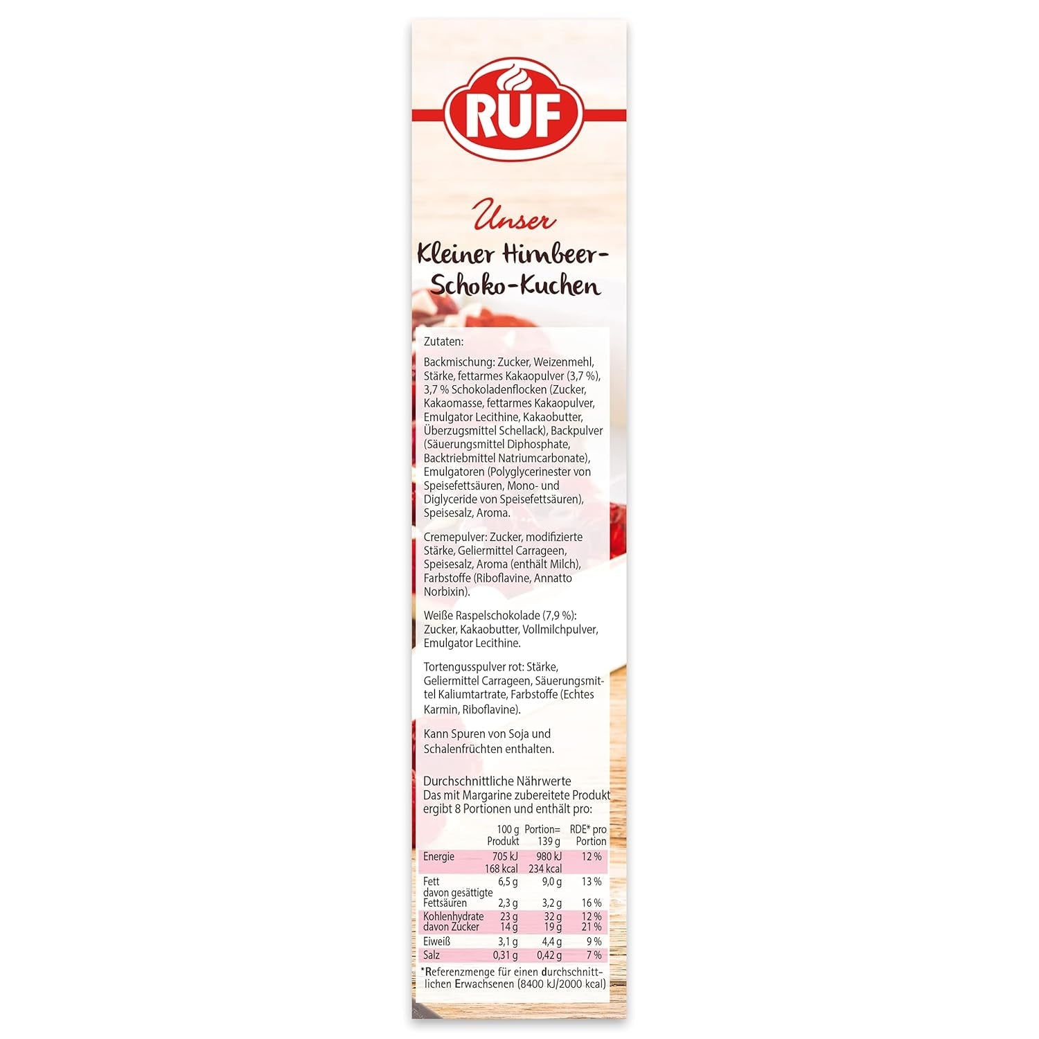 RUF Kleiner Himbeer-Schokokuchen, Mini-Kuchen Mit Feiner Puddingcreme, Himbeeren Und Weißen Schokoraspeln, Inkl. Backform, 1X252G Směs na pečení a vaření Naty Shop
