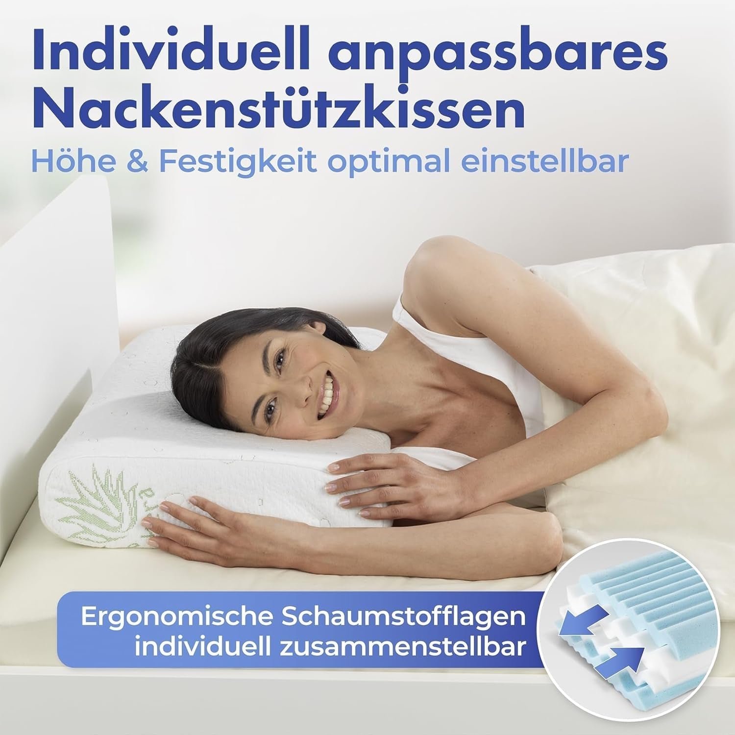 Maximex visco opěrný polštář na krk, Prodyšný opěrný polštář s ergonomickou pěnovou výplní, Výškově a výškově nastavitelný opěrný polštář na krk pro klidný spánek, Se standardními polštáři aloe vera Naty Shop