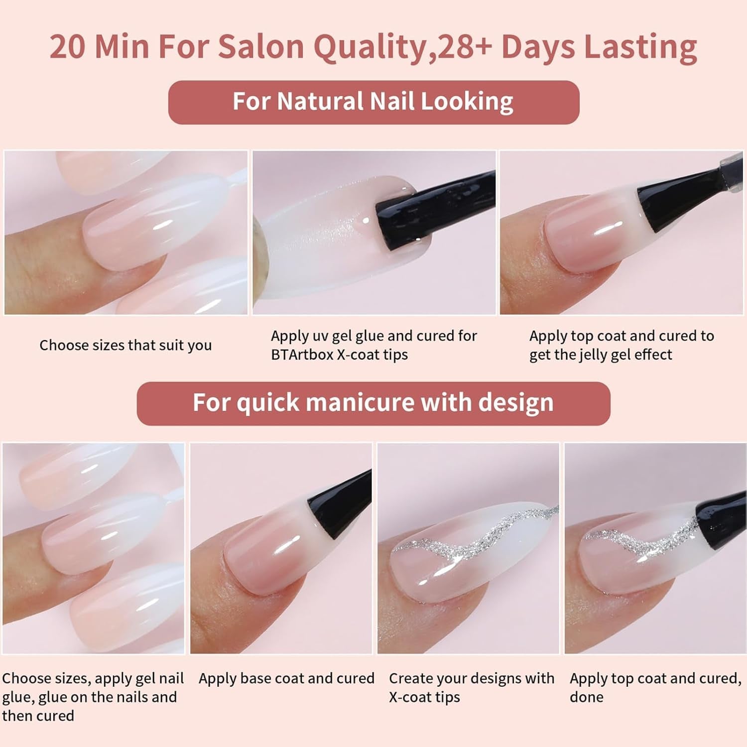 Sada 150 ks Gradient False Nails - 5 barev Ombre Design Samolepící umělé nehty - Celý kryt pro ženy a dívky - Lesklé umělé nehty pro DIY manikúru (čtvercové)