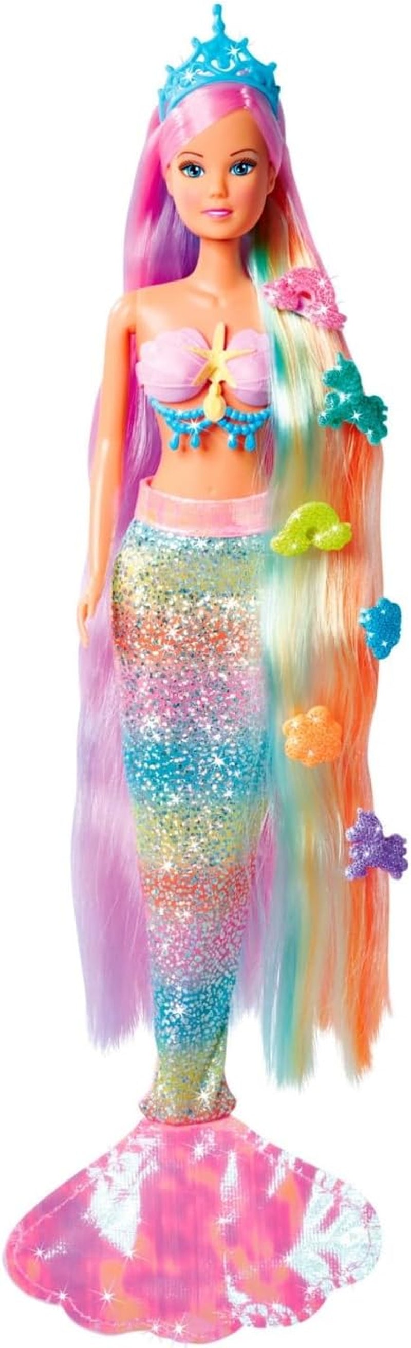 Simba 105733610 - Steffi Love Rainbow Mermaid, Rainbow Mermaid Oblékací panenka s barevnými vlasy, sponkami do vlasů, hřebenem a odnímatelnou ploutví, Hrací panenka 29 cm, Věk 3+ Naty Shop Dolls Výchozí název