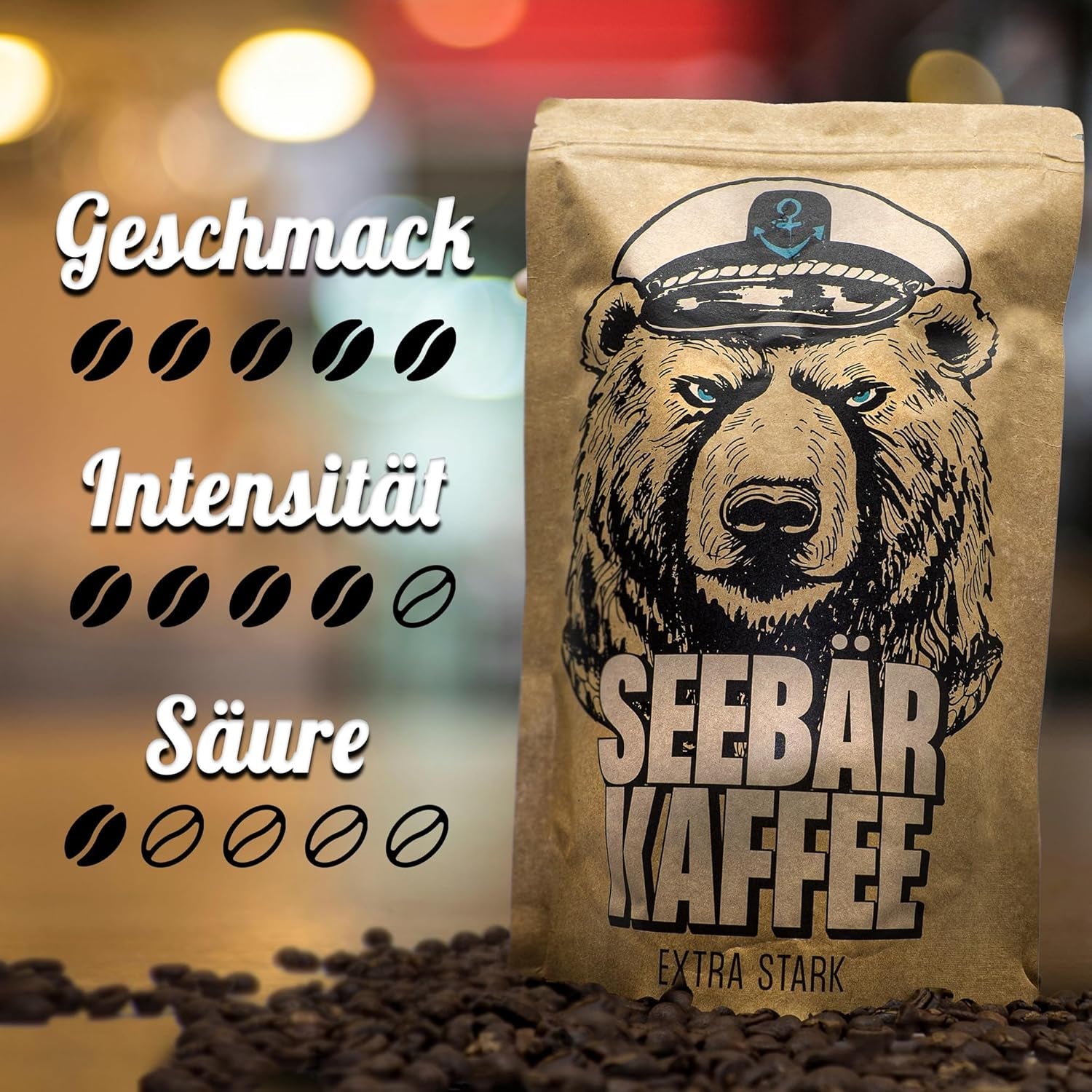 SEEBÄR COFFEE - Extra silná kávová zrna - 500g - Nízká kyselost a intenzivní aroma - Celá zrna pro plně automatické kávovary, espresso a French press - Vysoký obsah kofeinu a nízká acidita