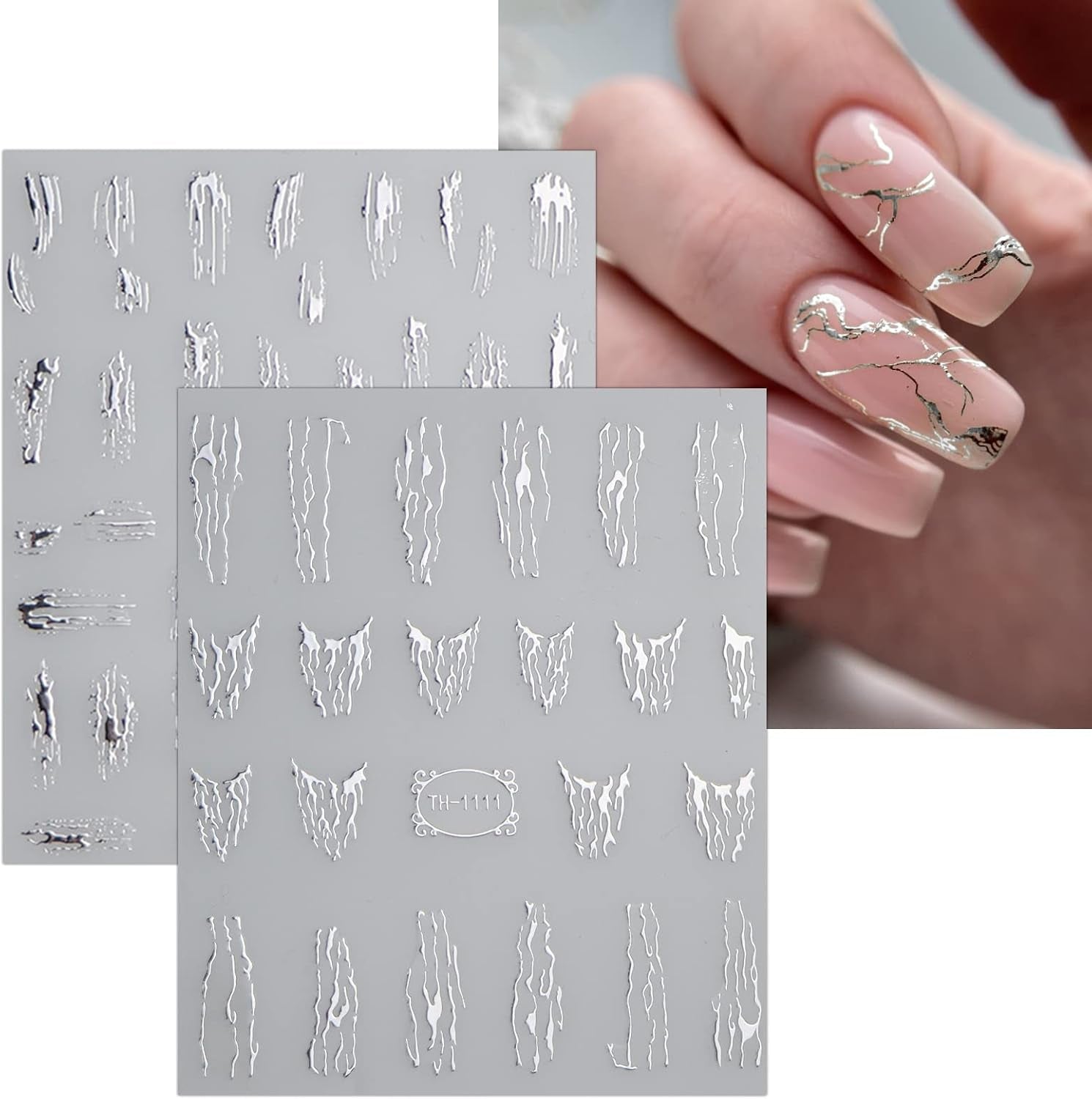 JMEOWIO Nálepka na nehty Marmor Linie 9 Blatt Nálepka na nehty Selbstklebend Nagelaufkleber Stříbrná bunt Dekoration Nageldesign Zubehör