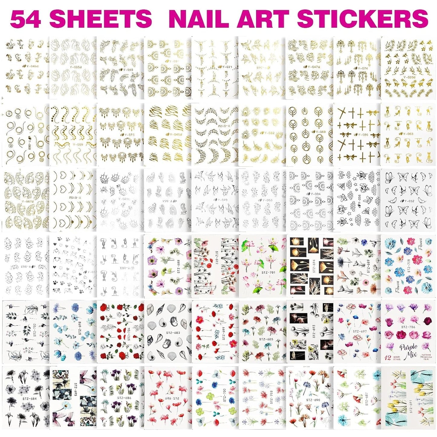 FANDAMEI 54 Blätter Wassertransfer Sada nálepek na nehty a zdobení nehtů, tečkovaná pera, Blattgold Für Nagelkunst, Streifenband, Strasssteine, Werkzeug Und Dekorationen Set Für Nagelkunst Maniküre Set