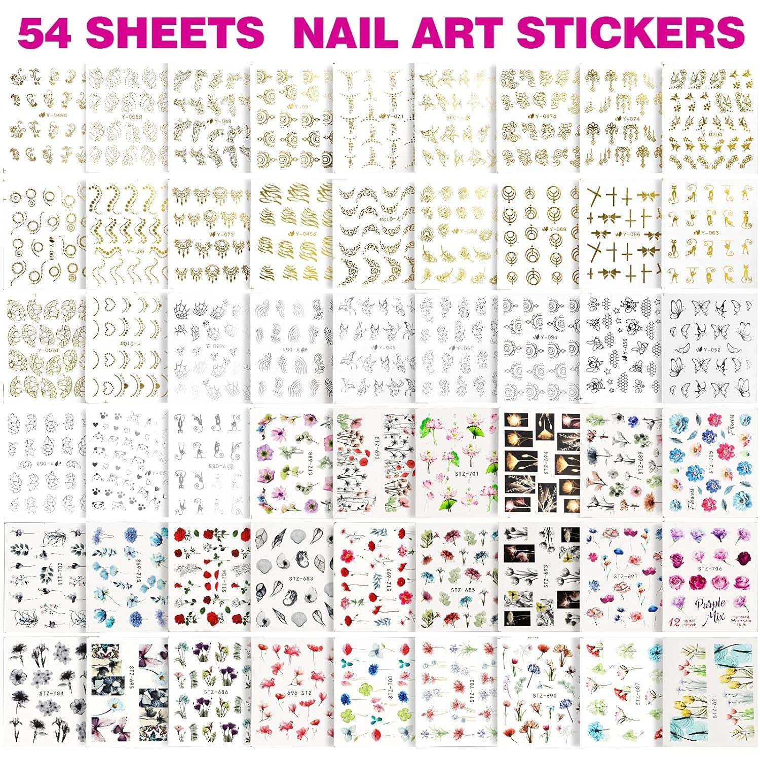 FANDAMEI 54 Blätter Wassertransfer Sada nálepek na nehty a zdobení nehtů, tečkovaná pera, Blattgold Für Nagelkunst, Streifenband, Strasssteine, Werkzeug Und Dekorationen Set Für Nagelkunst Maniküre Set