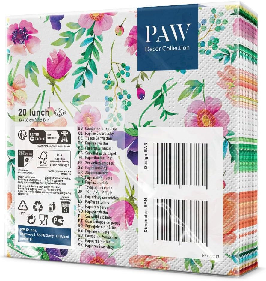 PAW - 3vrstvé ubrousky (33 X 33 cm) I 20 kusů I Ideální na narozeniny, večírky, svatby, přijímání a svátky I Dekorace na stůl Barevné papírové ubrousky - barevné květiny Flora I Květinová aranžmá