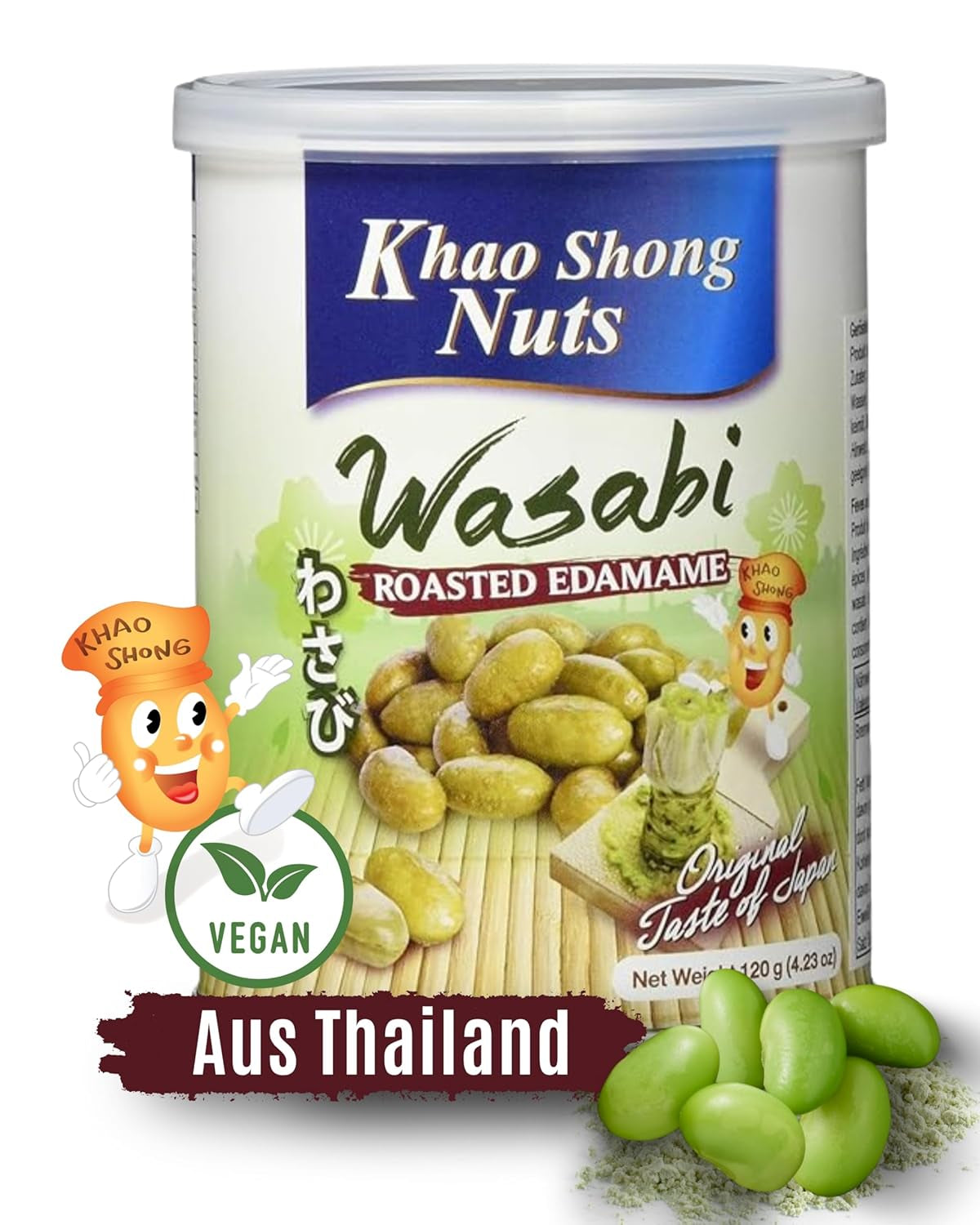 Khao Shong smažený zelený hrášek s wasabi, křupavý hrášek v pikantním těstíčku, nízkotučná alternativa k ořechům, středně pikantní, 1 plechovka 140 g | 140 g (1 balení)